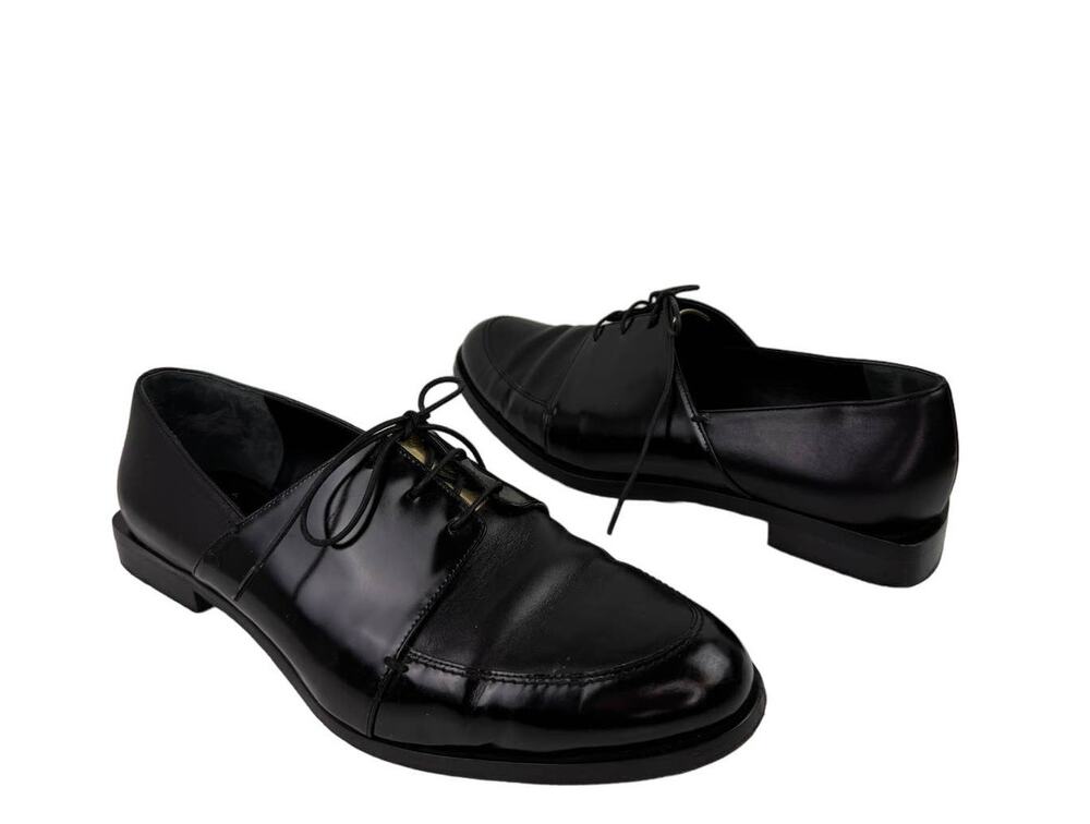 MAIYET Black Leather Gold Lace Square Heel Almond Toe Dress Oxford Shoe EU 39.5